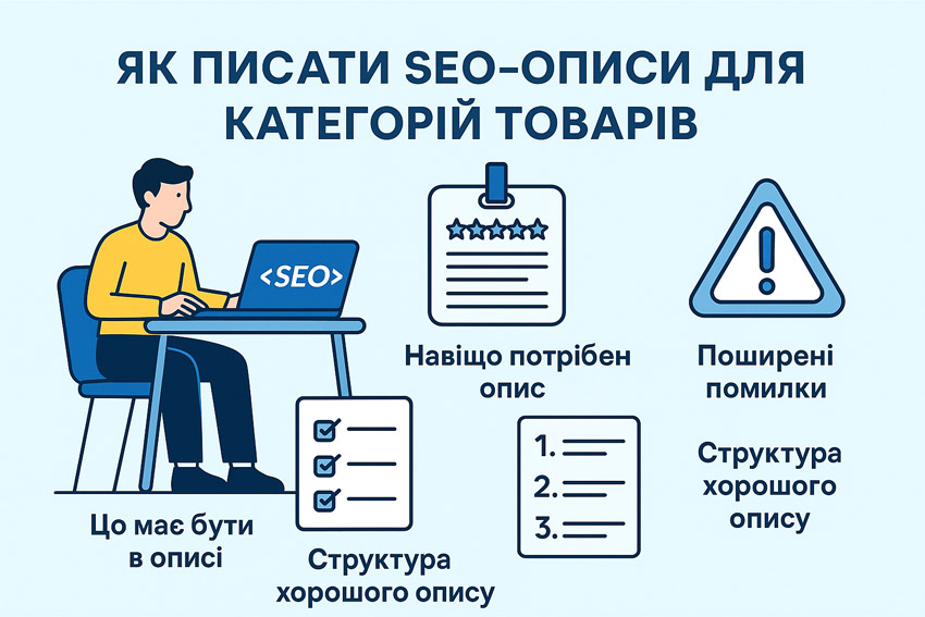людина за ноутбуком із написом SEO, блоки з порадами про структуру опису, важливість тексту, помилки й обов’язкові елементи
